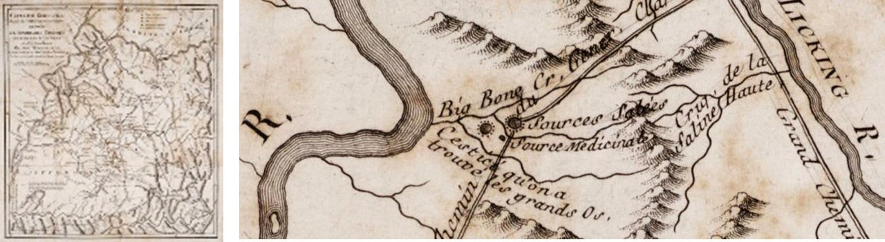 Map of Kentucky (called “Kentucke” on the map) made in 1785 by John Fillson for George Washington, commander in chief of the armies, with detail showing Big Bone Creek. See explanation in text. Map from Lafon Allen maps collection, University of Louisville, Louisville, Ky. 